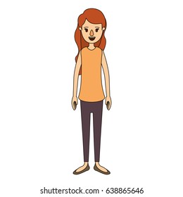 color image caricature full body woman with wavy long hair vector illustration