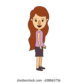color image caricature full body woman with wavy long hair looking to side vector illustration