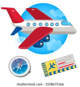 Color image of cartoon airplane, compass and plane ticket on a white background. Vector illustration set.