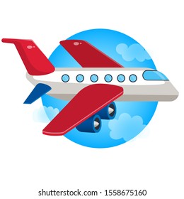 Color image of cartoon airplane in the sky on a white background. Vector illustration of transport for kids.