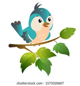 Color image of cartoon bird on branch on white background. Vector illustration for kids.