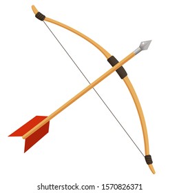 Color image of cartoon bow with arrow on white background. Sports equipment. Bow shooting or archery. Vector illustration.