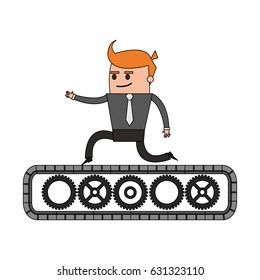 color image cartoon business man riding an belt with gears