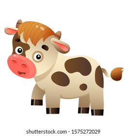 Color image of cartoon calf or kid of cow on white background. Farm animals. Vector illustration for kids.