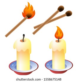 Color image of cartoon candles with matches on a white background. Vector illustration set.