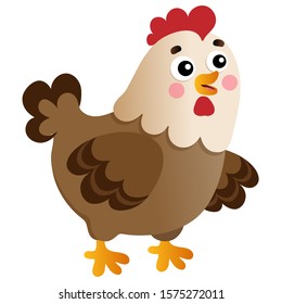 Color image of cartoon chicken or hen on white background. Farm animals. Vector illustration for kids.