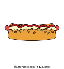 color image cartoon closeup hot dog with sauces fast food