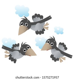 Color image of cartoon flock of crows in the sky on white background. Birds. Vector illustration for kids.
