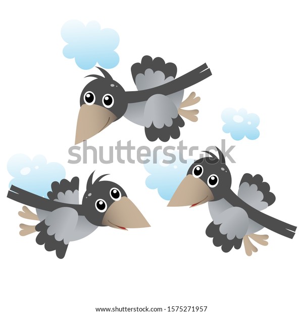 Color image of\
cartoon flock of crows in the sky on white background. Birds.\
Vector illustration for\
kids.