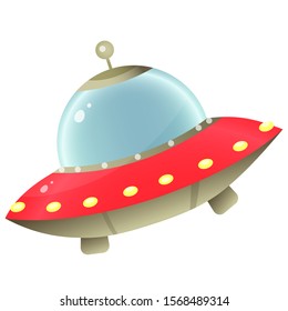 Color image of cartoon flying saucer of aliens on white background. Space. Vector illustration for kids.