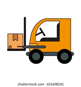 color image cartoon forklift truck with forks transporting package