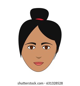 color image cartoon front face asian woman with collected hair