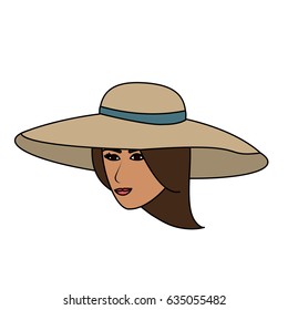 color image cartoon front face woman with beach hat