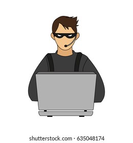color image cartoon hacker sitting at the desktop
