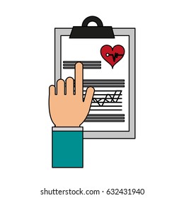 color image cartoon hand pointing a table notepad medical with sheets and text