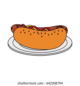 color image cartoon hot dog on plate fast food