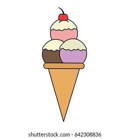 color image cartoon ice cream cone with three balls and cherry