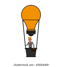 color image cartoon ligth bulb hot air balloon with executive man inside