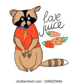 Color image of a cartoon raccoon with a cute face, wearing a red T-shirt, a raccoon dandy, the set contains an image of fresh carrots, as well as a letter word, vector illustration