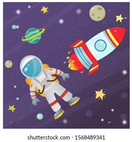 Color image of cartoon rocket with astronaut in space. Vector illustration for kids.