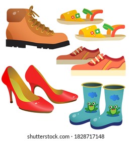 Color image of cartoon shoes. Sports sneakers, children's boots, women's pair of shoes, sandals. Clothing. Vector illustration set for kids.