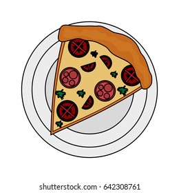 color image cartoon slice pizza with sausage and mushrooms on plate