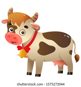 Color image of cartoon spotted cow with bell on white background. Farm animals. Vector illustration for kids.