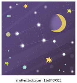 Color image of cartoon stars sky with planets and stars. Space and astronomy. Vector illustration set for kids.