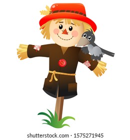 Color image of cartoon stuffed or scarecrow with crow on white background. Vegetable garden. Vector illustration for kids.