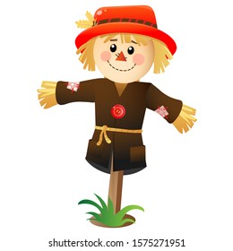 Color image of cartoon stuffed or scarecrow on white background. Vegetable garden. Vector illustration for kids.