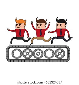 color image cartoon teamwork riding an belt with gears