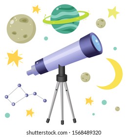 Color image of cartoon telescope with planets and stars on white background. Space and astronomy. Vector illustration set for kids.