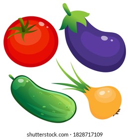 Color image of cartoon tomato, cucumber, onion and eggplant on white background. Vegetables. Vector illustration set for kids.