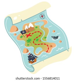 Color image of cartoon treasure map on a white background. Pirate map of treasure drawing. Decorative element for pirate party for kids. Vector illustration.