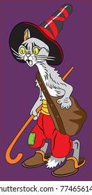 a color image of a cat in a hat with a bag and walking stick
