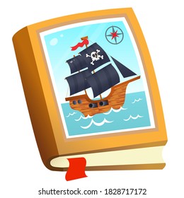 Color image of children's book about pirates on white background. Fairy tales and adventure. Vector illustration for kids.