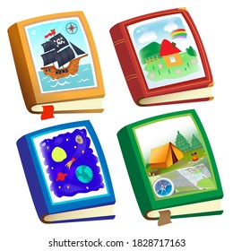 Color image of children's books on white background. Fairy tales and adventure. Encyclopedia and fiction. Vector illustration set for kids.