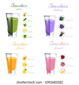 Color image of a collection of realistic glasses of smoothies on a white background. Isolated objects. Healthy eating. Vector illustration