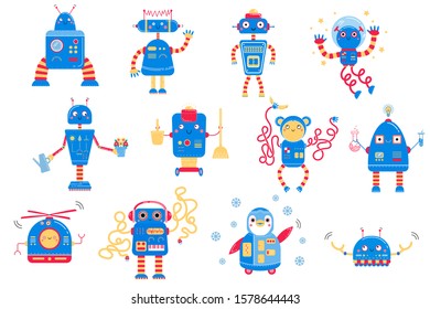 Color image of cute blue cartoon robots. Monochrome vector set for kids. Isolated on white background