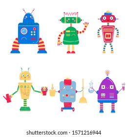 Color image of cute cartoon robots. Vector set for kids.