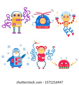 Color image of cute cartoon robots. Vector set for kids.