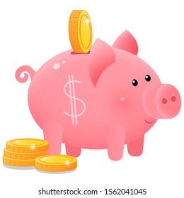 Color image of cute piggy bank or moneybox with coins on white background. Money and finance. Vector illustration.