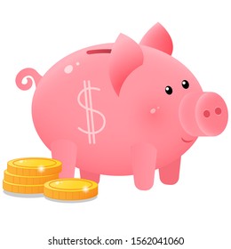 Color image of cute piggy bank or moneybox with coins on white background. Money and finance. Vector illustration.