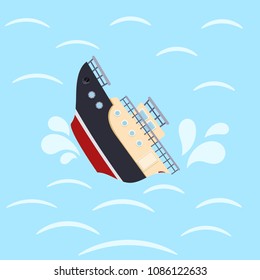 Color image for design ship in sea waves. Shipwreck on a blue background. Sea catastrophe. Vector illustration