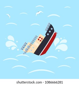 Color image for design ship in sea waves. Shipwreck on a blue background. Sea catastrophe. Vector illustration