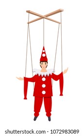 Color image of a doll of Pierrot on a white background. Puppet Piero character of the Italian comedy Delarque with ropes. Vector illustration