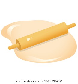 Color image of dough with rolling pin on white background. Food and meals. Kitchen and cooking. Vector illustration.