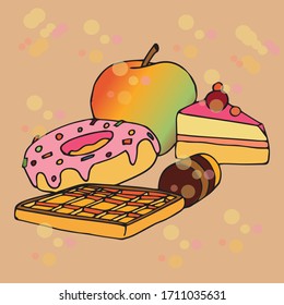 color image of a doughnut and a pie and a waffle and an Apple