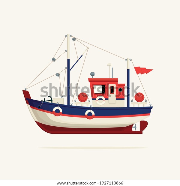 Color image of a fishing vessel, trawler or ship\
tug on a light background. Decorative vector illustration of a\
fishing boat side view. Sea or river transport for catching fish in\
a cartoon style