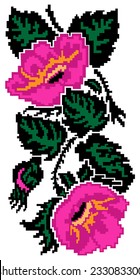 Color  image of flowers (poppies) using traditional Ukrainian embroidery elements. Can be used as pixel-art.